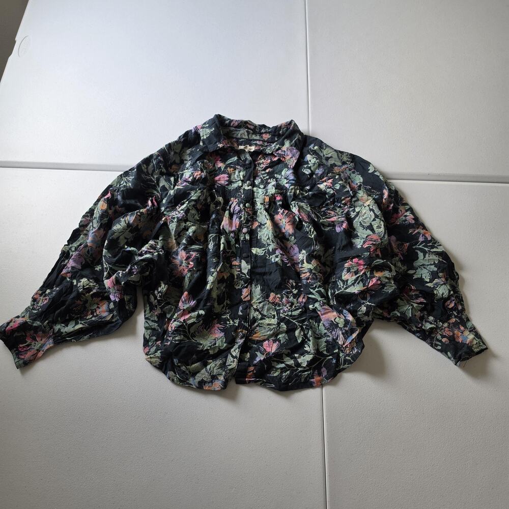 Pilcro Button Up Shirt Womens Large Petite Multicolor Floral Balloon Sleeve Top
